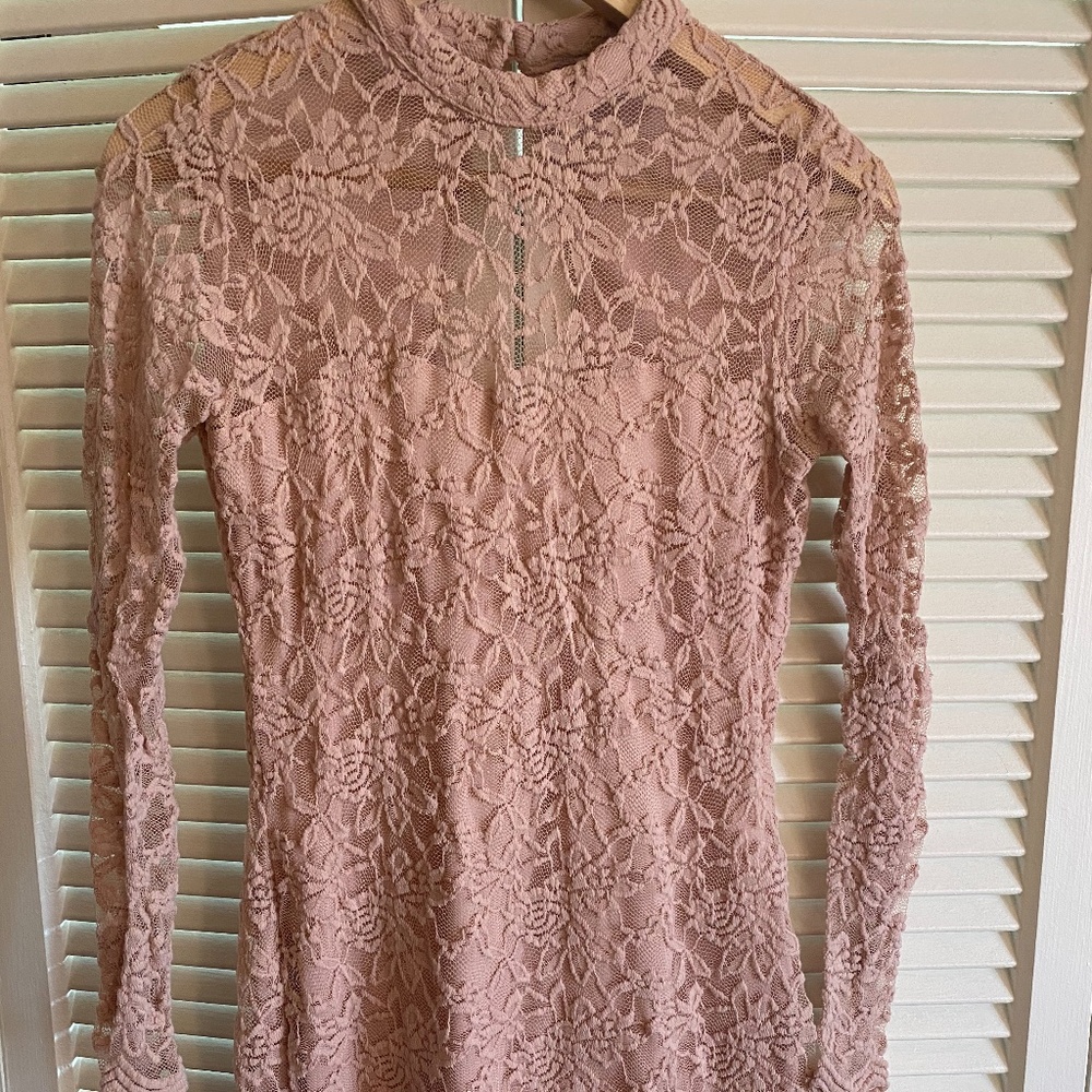 Long Sleeve High Neck Lace Mini Dress -M